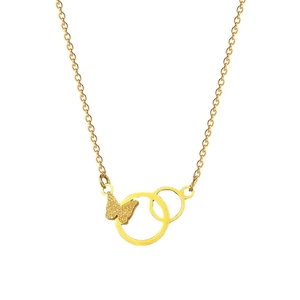 Gold titanium steel necklace featuring frosted butterfly pendant and double linked rings
