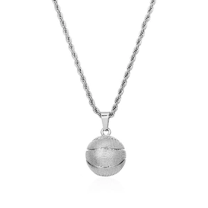 Polished stainless steel basketball pendant necklace with silver twist chain for sports fans