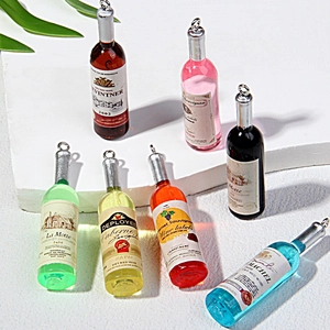 Detailed view of colorful miniature resin wine bottle pendants with realistic labels