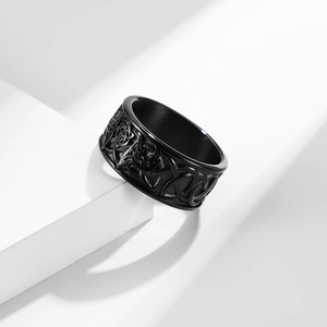 Men's black stainless steel Celtic knot ring with matte finish and Nordic relief design