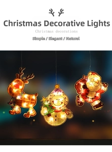 Detail of LED Christmas hanging lights featuring Santa, Snowman, and Reindeer in warm glow