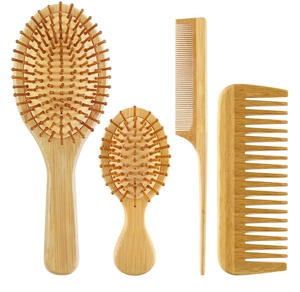 Set dettagliato di quattro spazzole per capelli in bambù naturale con massaggio a cuscino