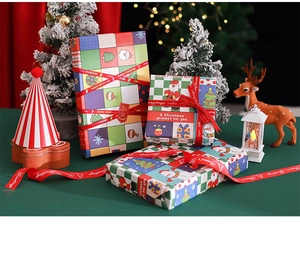 Detailed view of Christmas gift boxes with festive patterns and decorative ribbons