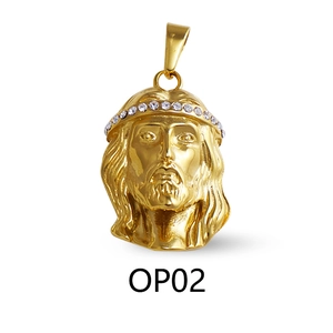 Detail of gold-plated hiphop Jesus pendant with crown of thorns and clear zircon stones