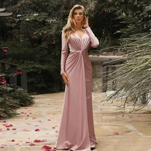 Elegant Long Sleeve V Neck Satin Evening Gown Floor Length Twist Waist Slim Fit Maxi Dress For Women Party