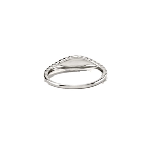 Sleek silver signet ring with engraved scalloped edges on a minimalist metal band