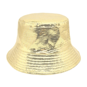 Detailed view of the champagne gold grid sequins on a structured fashion bucket hat