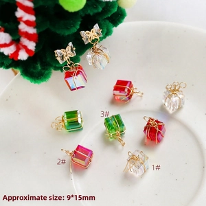 Mini 9x15mm colorful glass Christmas gift box pendants with gold wire wrapping