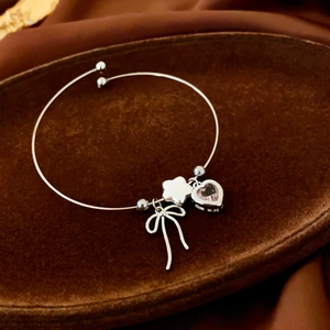 Sweet Copper Zircon Open Bangle Bracelet Silver Tone Pink Heart Bow Star Charms Fashion Jewelry For Women