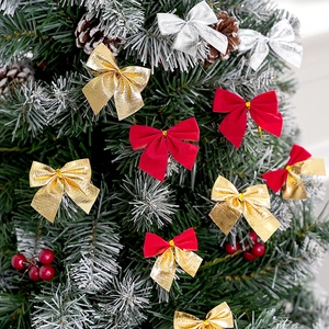 Christmas tree red velvet bows and metallic ribbons ornaments for holiday decoration