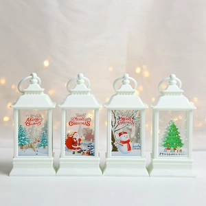 Set of 4 white Christmas lanterns with reindeer, Santa, snowman and tree scenes