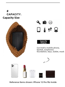 Detail view of woven bucket bag capacity showing space for phone, wallet and essentials