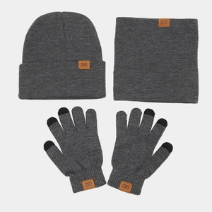Detail of grey DAD knit hat scarf and touchscreen gloves set with leather patches