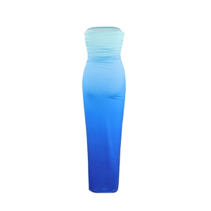 Detail showing the seamless blue gradient transition on this slim-fit strapless tube dress