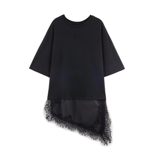 Women Round Neck T-Shirt Short Sleeve Asymmetrical Lace Patchwork Hem Casual Loose Fashion Top For Ladies