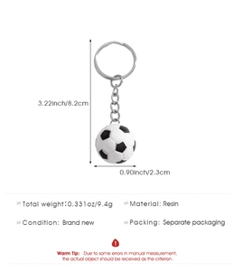 Detail view of soccer ball keychain with 8.2cm total length and resin material specs