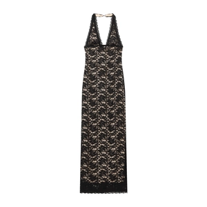 Robe Maxi En Dentelle À Dos Nu Col En V Fendue Bodycon Sans Manches Élégante Tenue De Soirée Pour Femmes