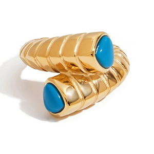 Anello vintage in acciaio inossidabile placcato oro 18K con pietre turchesi e design a coste
