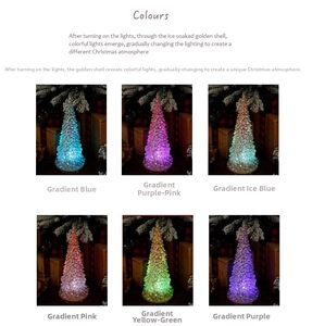 Detail view of 6 acrylic mini LED Christmas trees with gold glitter and gradient lighting