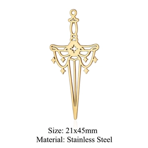 Detail view of a 21x45mm golden stainless steel dagger pendant with size specifications