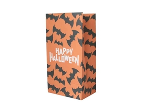 Detail of Halloween kraft paper bag with orange bat pattern and Happy Halloween text