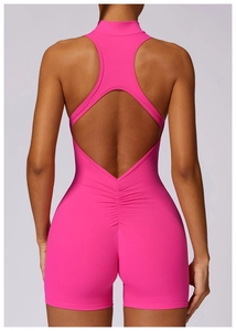 Macro detail of the backless cutout design and ruched seam on high-stretch yoga bodysuit