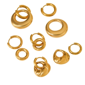 Elegant PVD gold-plated double-hoop earrings in various styles on a white background