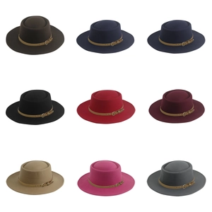 Vintage Boater Hat Wide Brim Flat Top Polyester Felt Jazz Cap With Belt Buckle For Men Women