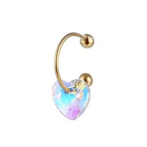 Golden C-shaped stainless steel nose ring with iridescent heart-shaped crystal pendant