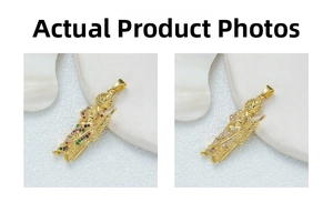 Detail view of gold religious saint pendants with colorful and white zircon micro-inlays