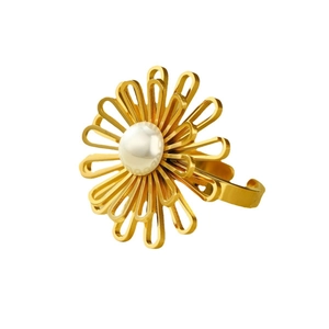 Elegant gold stainless steel sunflower ring with a white pearl center on white background