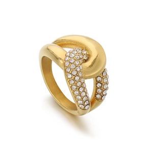Breiter geometrischer Titanstahlring in Gold mit doppeltem Steinbesatz und Twist-Design