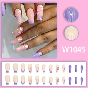 Lavender French daisy press-on nails in long coffin shape with 24-piece layout display