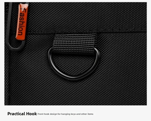 Detailed close-up of durable black fabric texture with metal D-ring and fashion zipper pull