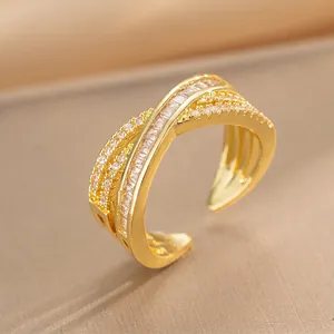 Double-layered gold-plated ring with baguette and round cubic zirconia in a 45-degree view