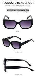 Three views of square bright black sunglasses with double gray gradient lenses and C1 markings