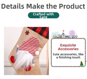 Close-up of linen Christmas stocking featuring a gnome with red and black plaid details