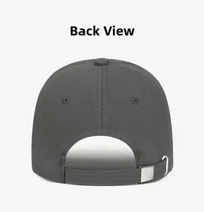 Detail view of the back of a dark grey cotton baseball cap with silver metal buckle