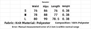 Tableau des tailles pour ensemble pull en maille et jupe midi avec détails du tissu