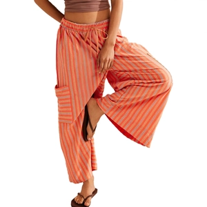 Women Striped Wide Leg Pants Polyester Spandex Drawstring Elastic Waist Side Pockets Casual Streetwear Vacation Trousers