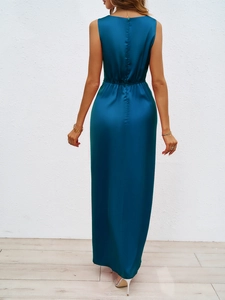 Elegant peacock blue satin maxi dress showing back view and slimming waistline detail