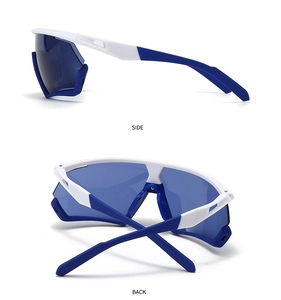 Side and back view of blue and white sports cycling sunglasses with translucent lenses