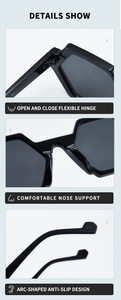 Detail showing durable hinges, comfortable nose pads and curved temple of black sunglasses