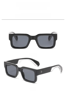 Front and 45-degree views of black thick frame square sunglasses with silver rivet detail