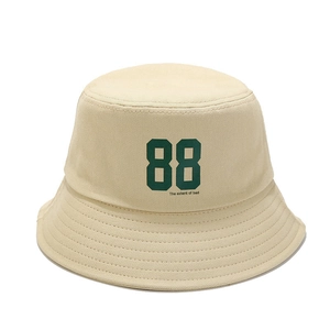 Classic beige cotton bucket hat featuring a street style green 88 print and wide brim