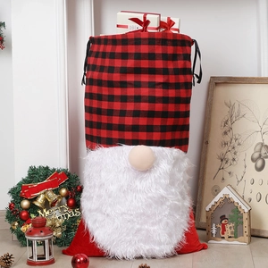 Christmas Gift Bag Buffalo Plaid Velvet Faux Fur Gnome Faceless Old Man Drawstring Large Sack For Holiday Party Decor