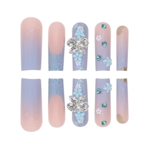 Long coffin press-on nails featuring blue glitter, floral 3D art, and silver butterfly