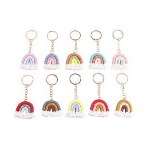 Set of 10 handmade knitted rainbow keychains with colorful cotton tassels and gold rings