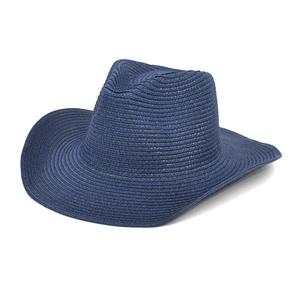 Detailed view of navy blue wide brim straw sun hat with woven texture and jazz crown