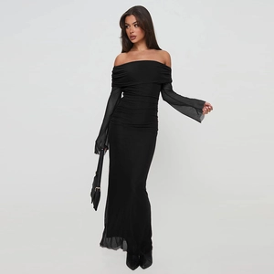 Elegant off-shoulder black long sleeve dress with mesh sleeves and slim fit design
